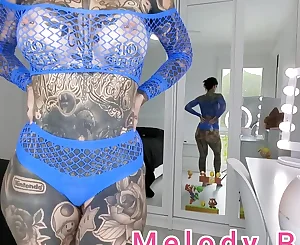 Blue Lace Sheer Underwear Attempt On Drag with Huge Bosoms Melody Radford